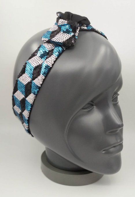 Headband femme et enfant, Pailleté Losanges Bleus, Blancs, Noirs/Noir