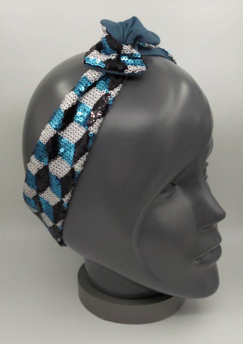 Headband femme et enfant, Pailleté Losanges Bleus, Blancs, Noirs/Bleu