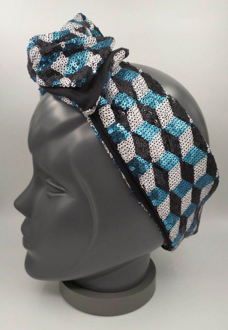 Headband femme, Pailleté Losanges Bleus, Blancs, Noirs/ Noir