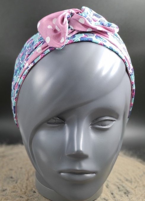 Headband femme et enfant, imprimé Lagon/ Pois blancs sur fond Rose