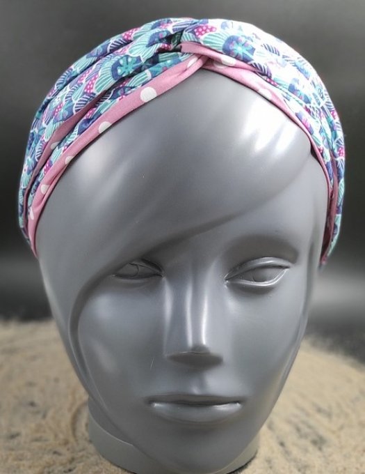 Headband femme et enfant, imprimé Lagon/ Pois blancs sur fond Rose